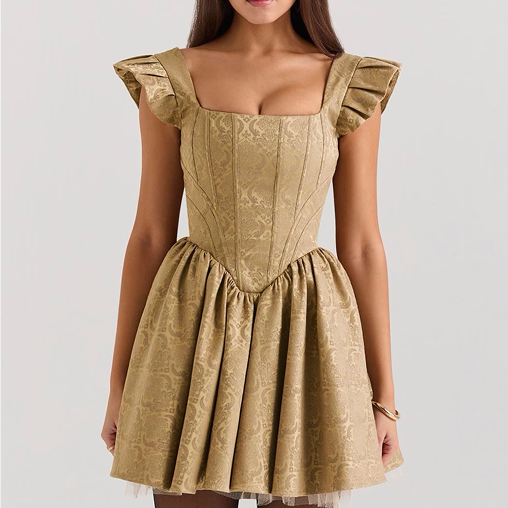 House of CB - Sasha Gold Fit and Flare Mini Dress with Pleated Flutter Sleeves